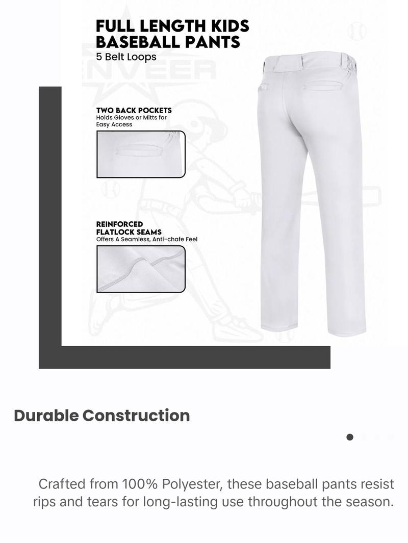 Penveer Youth Baseball Pants, Full Length Open Bottom Boys Baseball Pants with Durable Snap, Softball Pants, T Ball Pants (White) Athletic Wear