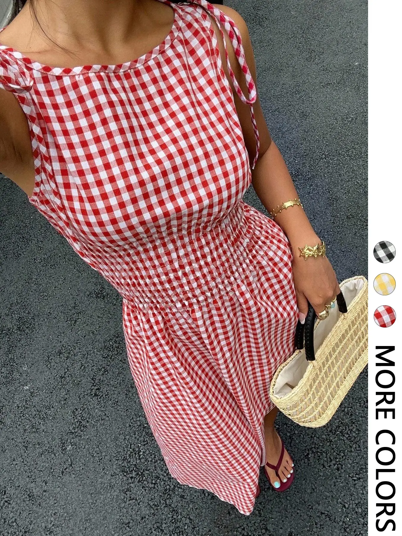 Women's Gingham Check Woven Midi Dress with Adjustable Tie-Shoulder Straps, Smocked Waist and Round Neck, Breathable Sleeveless Dress for Casual Wear, Vacations, Picnics and Dates