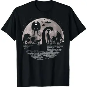 Bigfoot Loch Ness Monster Mothman And Aliens! Funny Cryptid T-Shirt Menswear Top Distressed Graphic garments