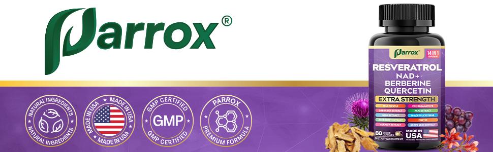 PARROX Resveratrol Supplement - 14 in 1 Dietary Supplement for Anti-Aging Support with NAD+, Berberine, & More - Made in USA - 60 Capsules PARROX Resveratrol Supplement - 14 in 1 Dietary Supplement for Anti-Aging Support with NAD+, Berberine, & More - Made in USA - 60 Capsules
