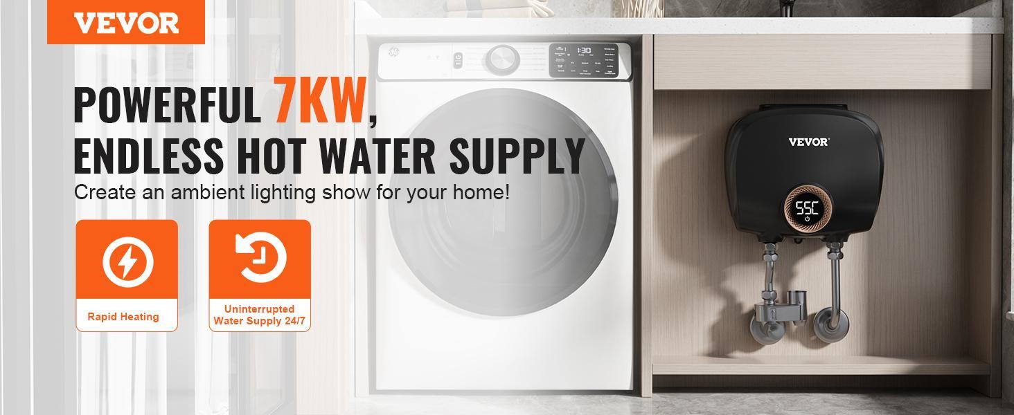 VEVOR Tankless Water Heater Electric, 7kw On Demand Instant Under Sink Water Boiler, Digital Temperature Display & Easy Installation & 24-Hour Water Supply, For Kitchen Bathroom Faucet And Shower