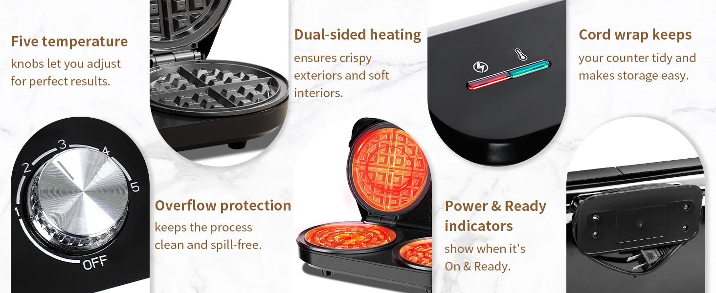 YASHE Double Waffle Maker 6 Inch 1400W Belgian Waffle Maker with Nonstick Plates, Temperature Knob & Cool-Touch Handles