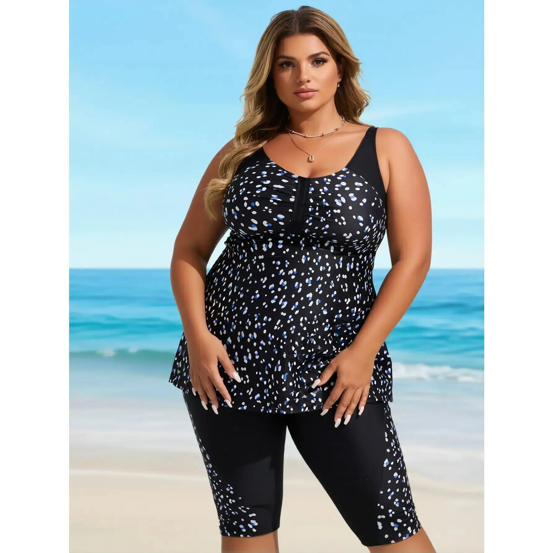 Women's Plus Size Black Dot   - Two-Piece Swimwear with Capri Leggings for Beach Pool Vacation set Flattering Tummy Control Racerback  with Boy Shorts - Ideal for Beach Days, Pool Parties & Family Vacations| one swimsuit tankini swim