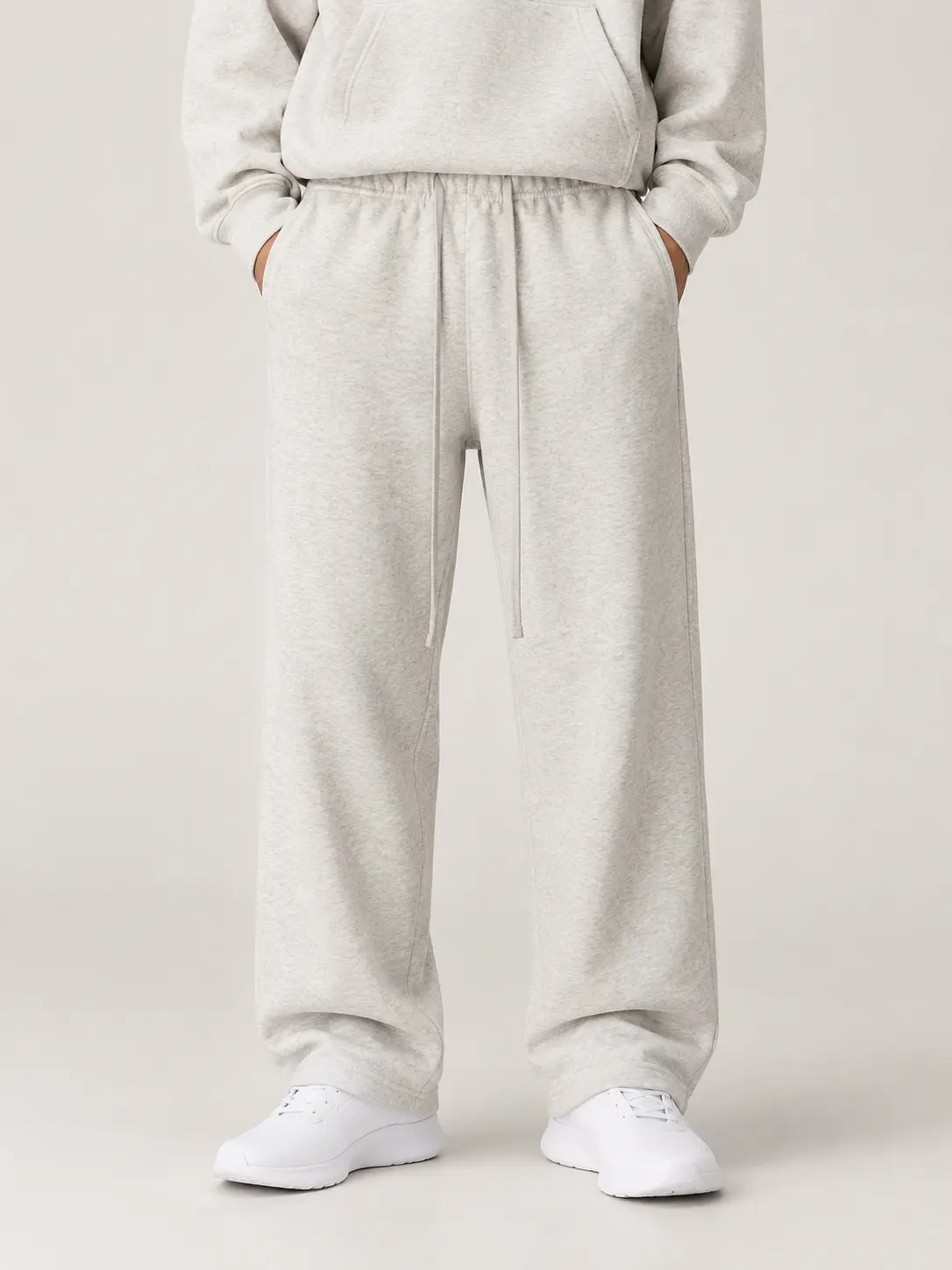 Men's Light Gray Uncuffed Sweatpants, Loose Drawstring Elastic Waist Wide Leg Casual Streetwear Sports Trousers With Side Pockets