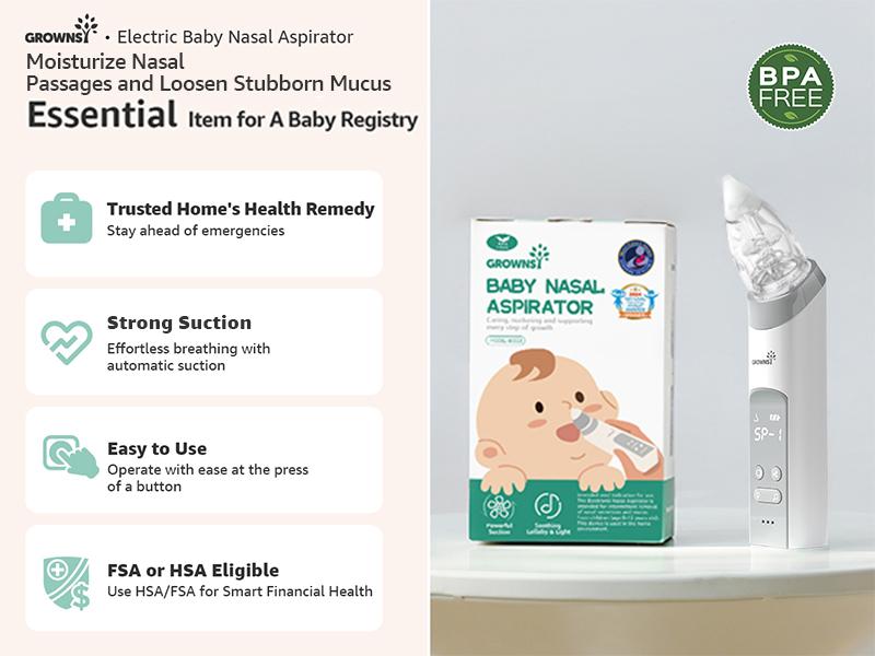 Growsy Electric Nasal Aspirator for Babies  Toddlers Gentle Nose Sucker with 3 Soft Silicone Tips Adjustable Suction Soothing Music & Light Safe Easy Automatic Mucus Removal Doctor Recommended