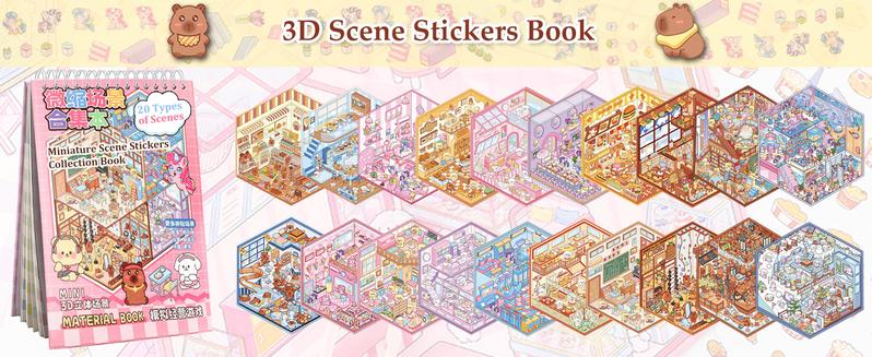 20 Sets DIY Miniature 3D Sticker Scene Book, Sticker Therapy Scenes Collection Book for Adults Stress Relief Pass The Time, Make Your Own House Miniature Cute Cartoon Animal Isometric Scene Funny Stickers