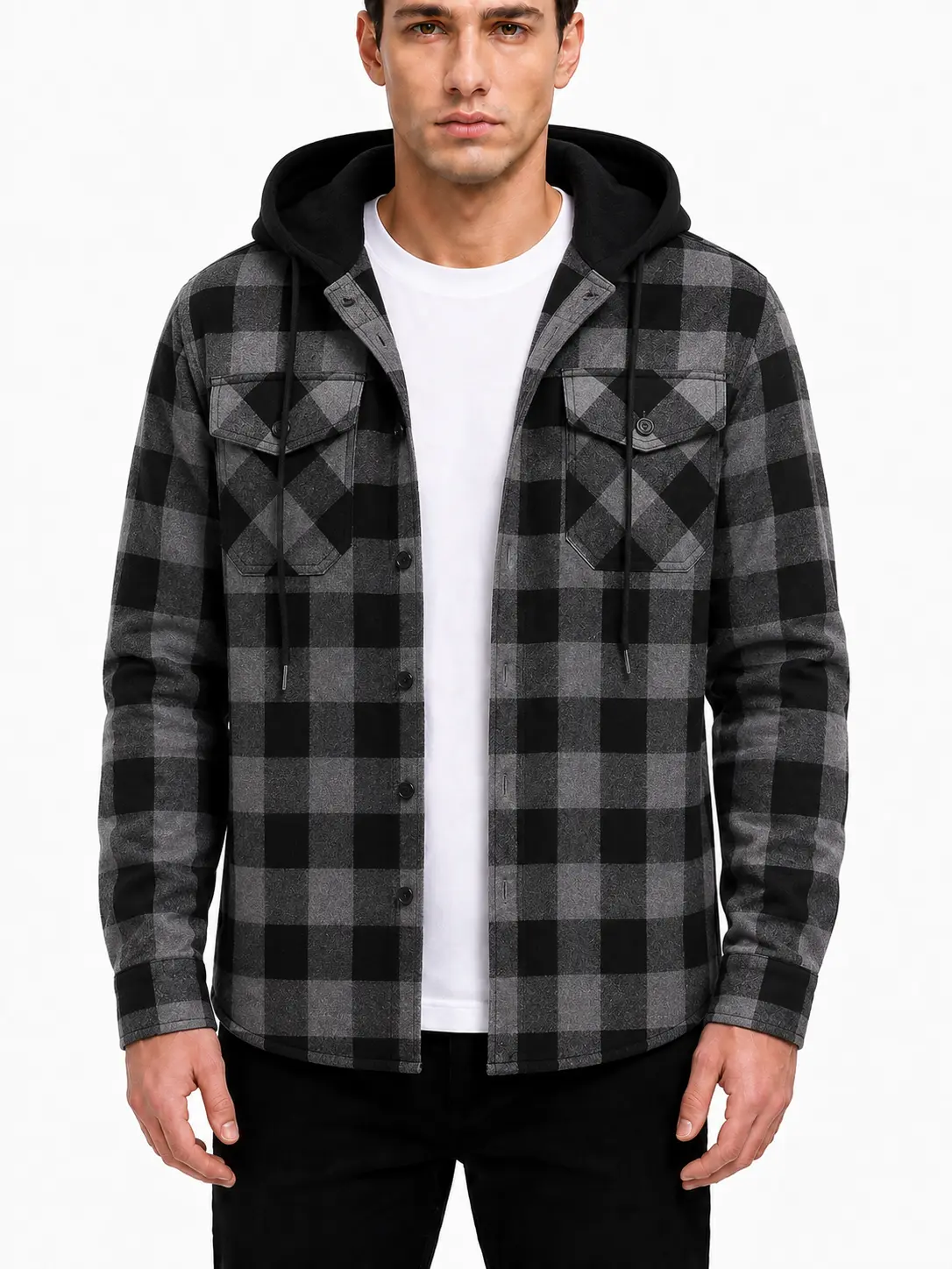 ZITY Men's Basic Checkered Lightweight Flannel Hoodie - Casual Chic Long-Sleeve Button-Down Top, Street Style Menswear Hoodies & Sweatshirts for Everyday Wear