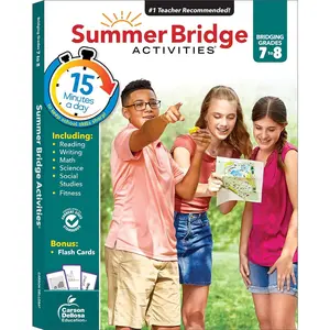 Summer Bridge Activities 7th to 8th Grade Workbook, Math, Reading Comprehension, Writing, Science, Social Studies, Fitness Summer Learning Activities, 8th Grade Workbooks All Subjects With Flash Cards Paperback – January 25, 2015
