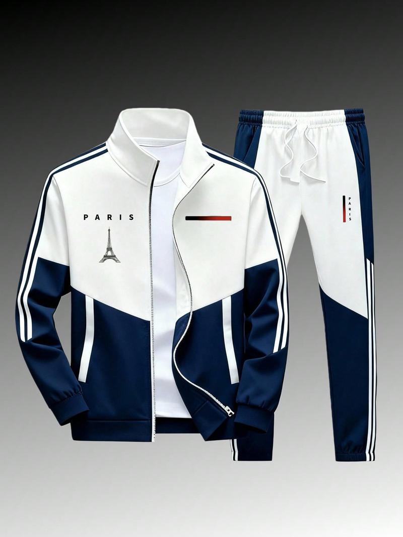 Men's Paris Logo Sportswear Set - Casual Sports Jacket & Jogging Pants, Geometric Print, Stand-Up Collar, Zipper Jacket, Color-Matching Design, Suitable for All Seasons Men's Paris Logo Sportswear Set - Casual Sports Jacket & Jogging Pants, Geometric Print, Stand-Up Collar, Zipper Jacket, Color-Matching Design, Suitable for All Seasons