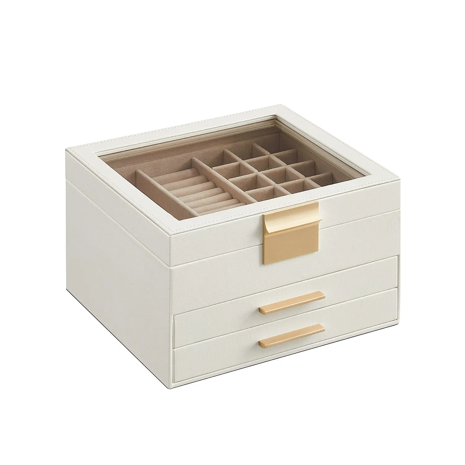 SONGMICS Wood & Soft Velvet Jewelry Box with Glass Top, 7 Rows Jewelry Holder Organizer, Multi Grids Multi Compartment Organizer with Ring Slots & Brushed Handle, Dresser Organization Morning Routine Compact Home Vanity Storage Case for Small Spaces