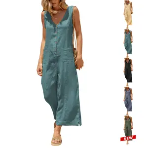 UANEO Women Button Down Jumpsuits Cotton Linen Sleeveless Casual Wide Legs Rompers Loose Overall with Pockets