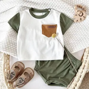 Summer baby clothing light and breathable pocket design short sleeves + green loose shorts versatile basic baby two-piece set (short sleeves and shorts, without any shoes, hats and other accessories)