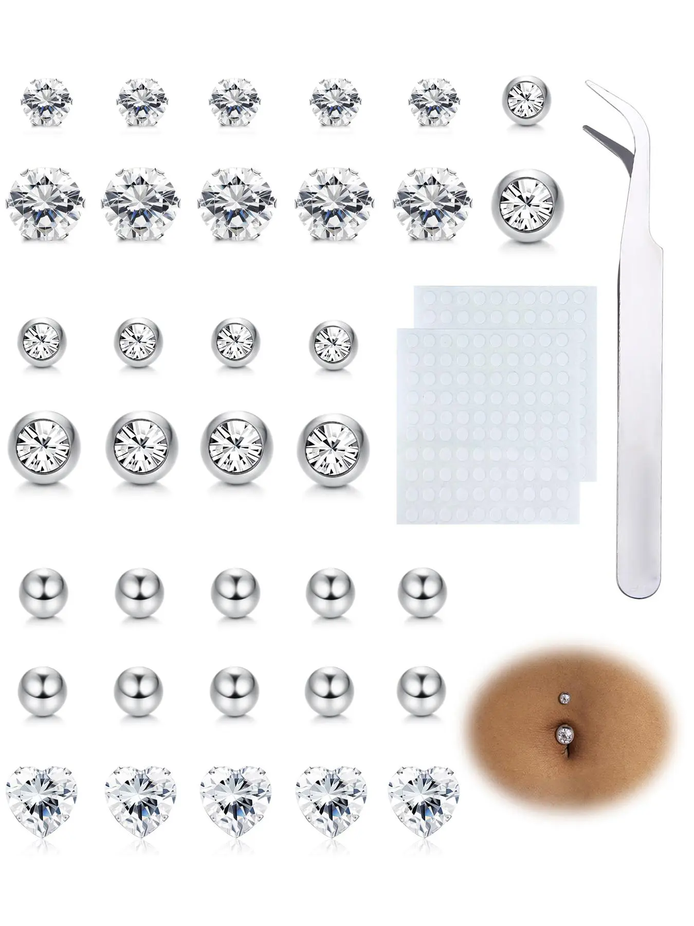 Shiny Cubic Zirconia Stick On Belly Button Rings, Fake Belly Ring, Non-piercing Body Jewelry for Women & Girls, Fake Piercings, Jewelry for Birthday Gift, Stainless Steel Components, Belly Hoops