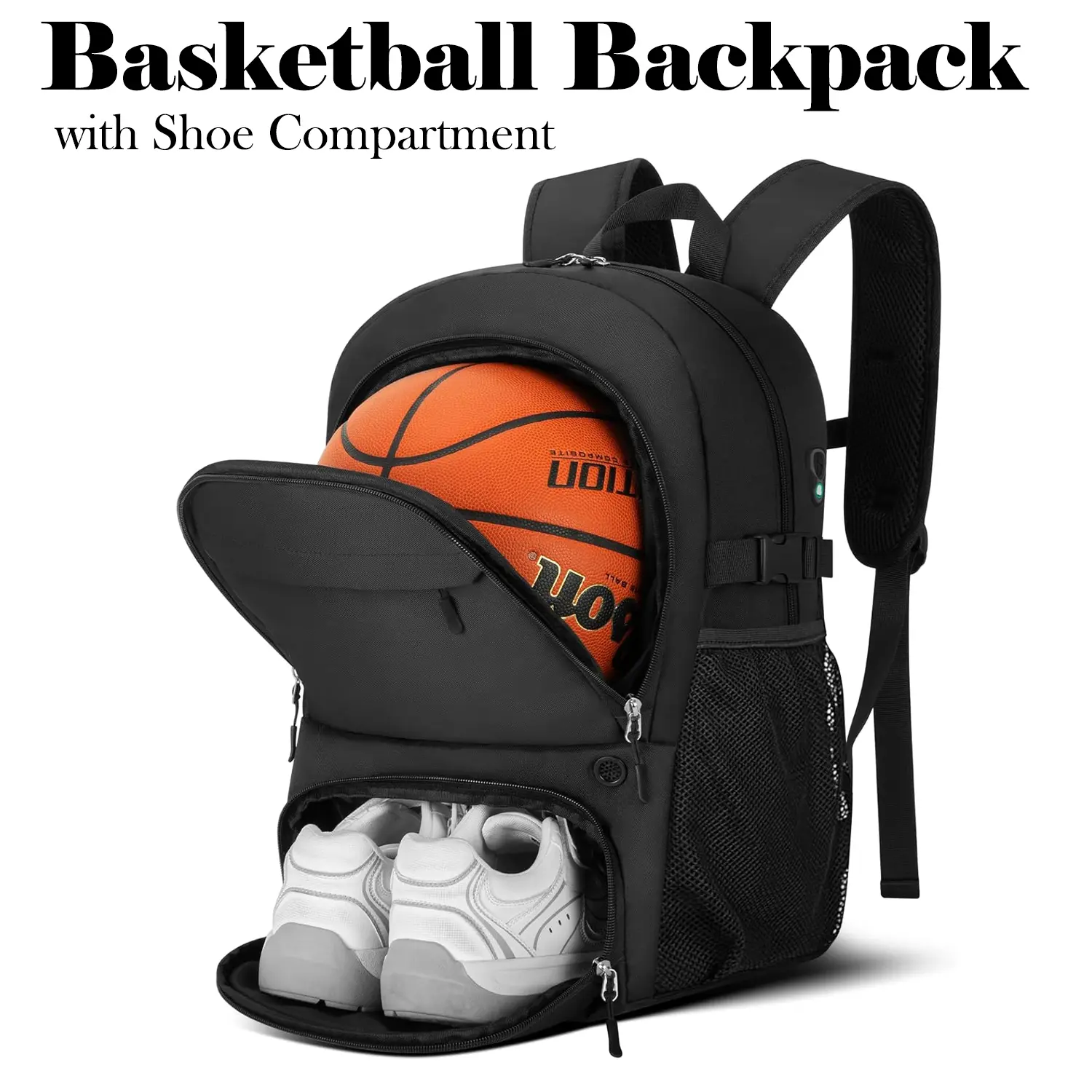 Lightbiz Unisex Waterproof Polyester Basketball Bag Backpack - 34L Durable Sports Bag with Ventilated Ball+Shoe Zones, Reinforced Straps, USB Charging Port, Night-Visible, for Gym & Travel