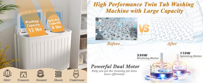 Costway Compact Twin Tub Washing Machine, Durable Design, Timer Control, Compact Laundry Washer for RV, Apartments and Dorms Costway Compact Twin Tub Washing Machine, Durable Design, Timer Control, Compact Laundry Washer for RV, Apartments and Dorms