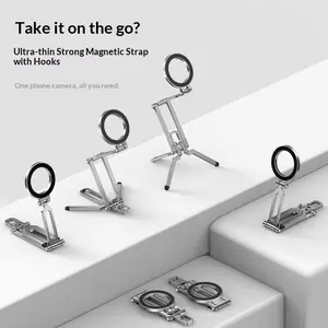 Magnetic Phone Tripod Stand - Foldable Travel Mount with 360 Rotating Shaft Adjustable Ring Grip Selfie Stick Clamping Mount & Hook for Desk, Airplane, Luggage, Outdoor Use Smartphone Cellphone