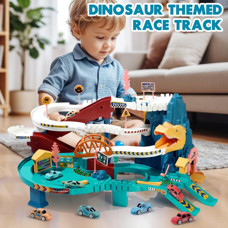 King Size Dinosaur Race Track Playset Toys for Kids With 10Mini Car Ramp Track Adventure Car Garage Parking Toy