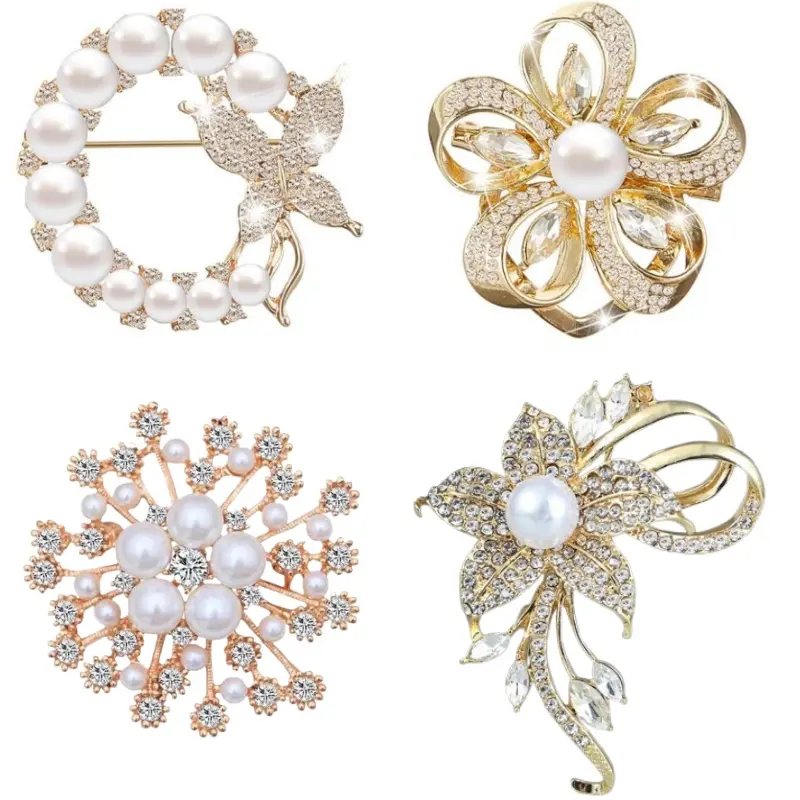 4-pcs Imitation Crystal Pearl Rhinestone Flower Brooch, Elegant Women's Brooch, Alloy Scarf Buckle Brooch, Suitable for Women's Weddings and Brides, Christmas, Halloween, Valentine's Day Gifts