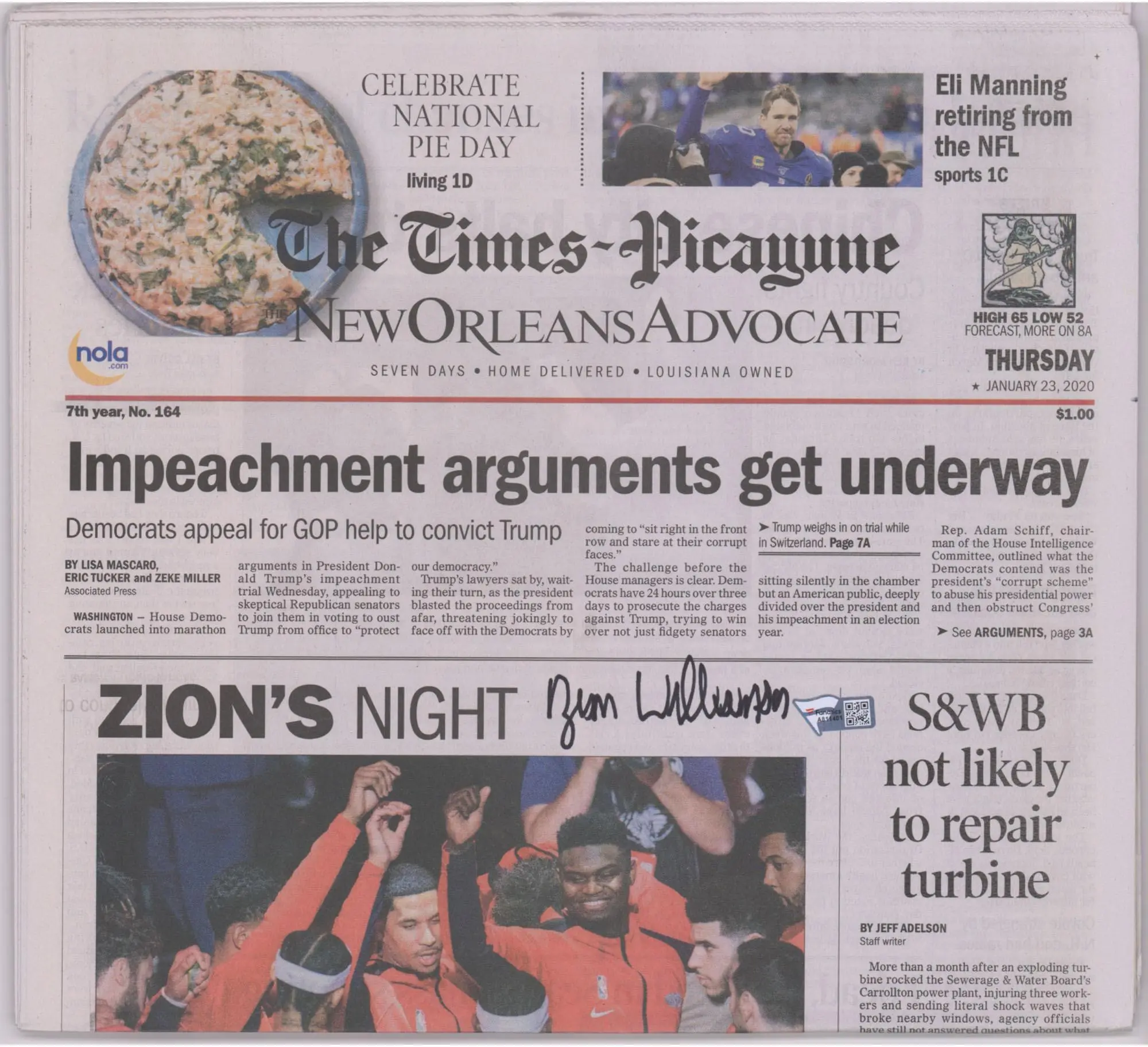 Zion Williamson New Orleans Pelicans Autographed The Times-Picayune Newspaper From Day After Debut 1/23/20 - Fanatics Authentic Certified