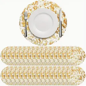 50pcs, Disposable Golden Placemats Set, Round Golden Foil Mesh Pressed Table Doilies, Thin Mesh Table Pad for Home, Room Decoration, Dining Table Decor