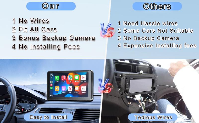 Portable Wireless with Apple CarPlay and Android Auto Screen for Car, 7" HD Touch Screen Car Stereo with Mirror Link, Bluetooth 5.2, Backup Camera, AUX,FM Transmitter for All Vehicle