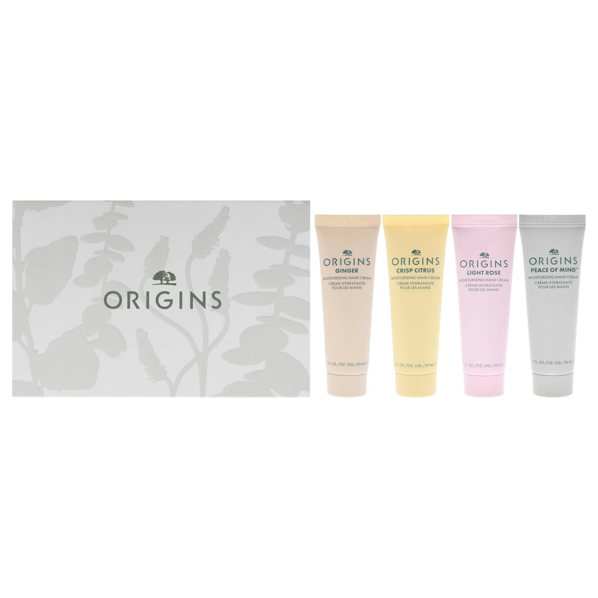 Hand Cream Essentials Set by Origins for Unisex - 4 Pc 1oz Peace Of Mind Moisturizing Hand Cream, 1oz Crisp Citrus Moisturizing Hand Cream, 1oz Ginger Moisturizing Hand Cream, 1oz Light Rose Moisturizing Hand Cream