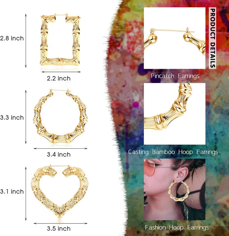 Jstyle 4 Pairs Bamboo Hoop Earrings for Women Large Heart Square Geometric Earrings Oversized Bamboo Hoop Earrings Set Hip-Pop Jewelry Fashion Party Costume Accessory Daily
