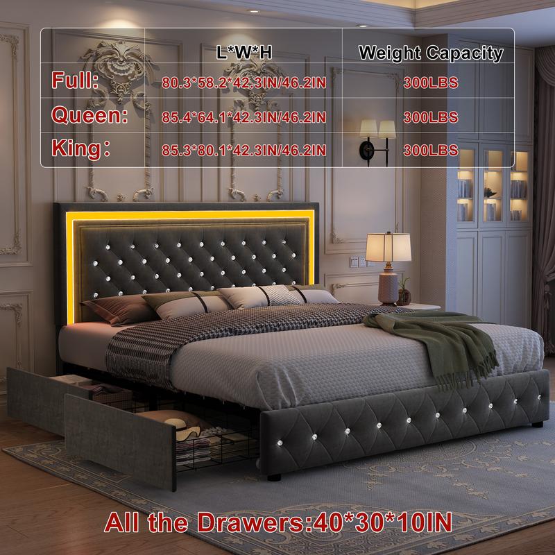 GEGOFORU Queen LED Storage Bed Frame with 4 Drawers, Smart RGBW LED Headboard with Remote Control, PU Upholstered Modern Platform Bed, Gray (Cama Queen con LED y Cajones)
