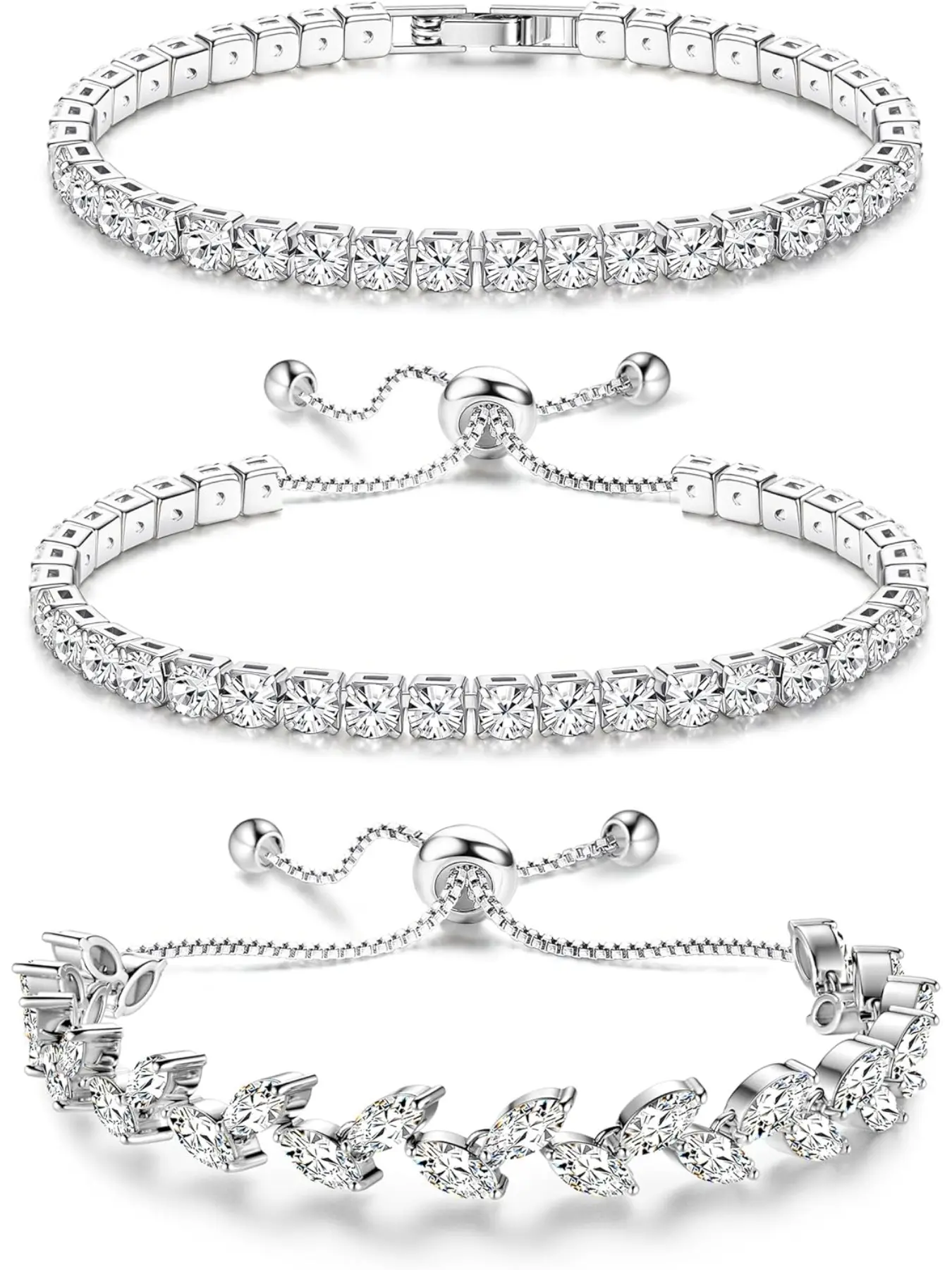 Tennis Bracelets For Women - Silver Plated Bracelet Stack Cubic Zirconia CZ Diamond Adjustable Stackable Bracelets Set For Prom Wedding Jewelry Gift 3Pcs Matching Bracelets