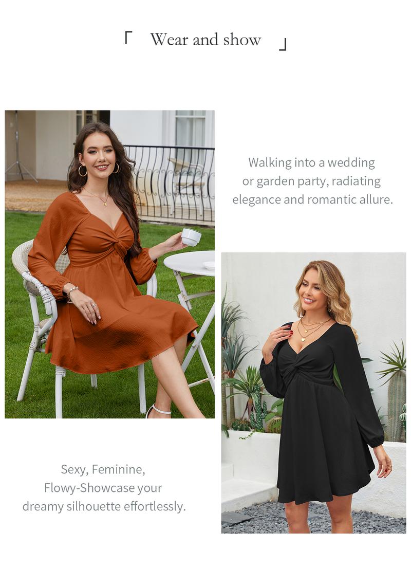 Chicovar Women's Spring Sweetheart Neckline Knot Front Flowy Mini Chiffon Dresses, Lantern Sleeve, A-Line Cut, No Scratchy, No Sheer, Westernfashion, Family Photos, Church, Party, Casual, or Daily Wear