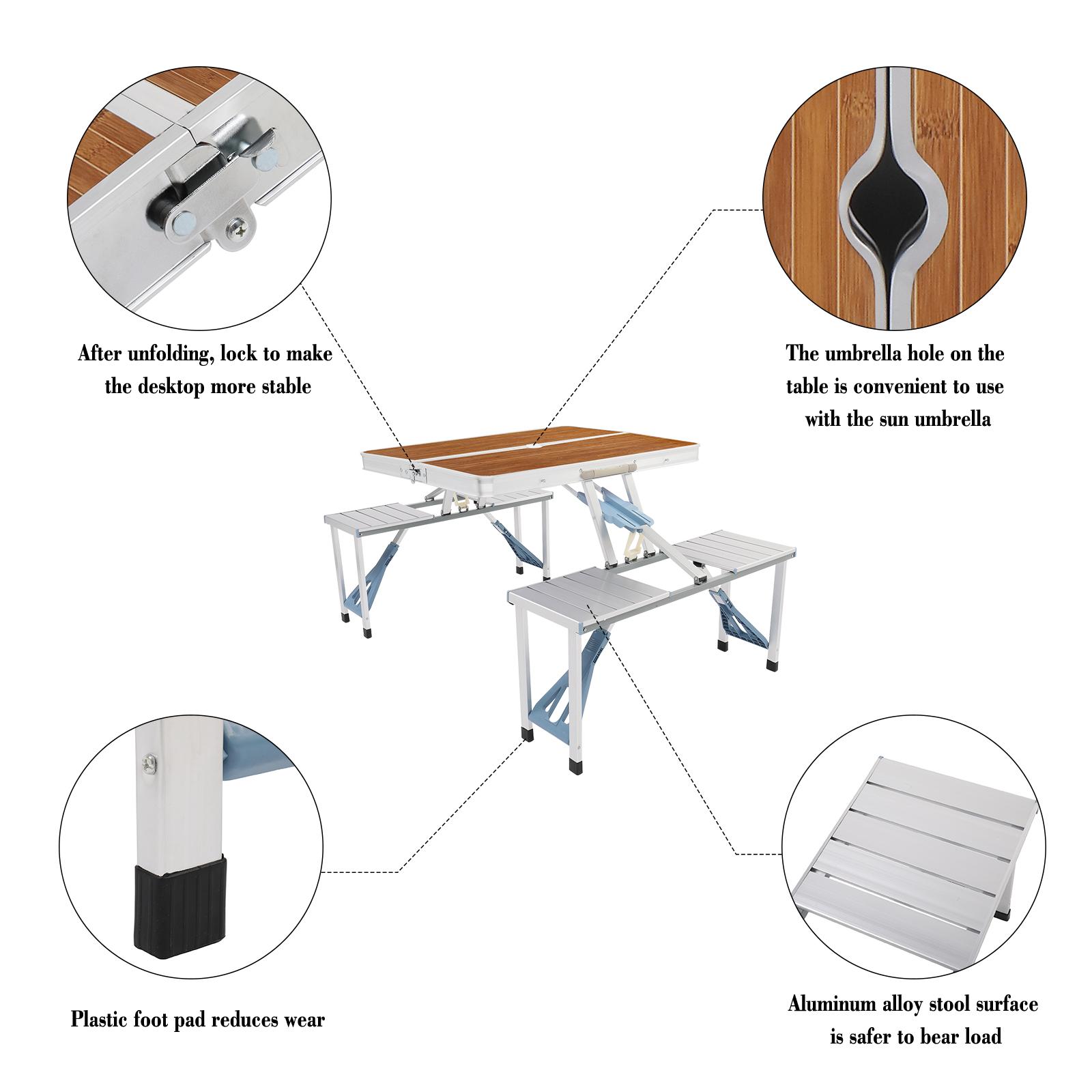 VINGLI 4 Ft Camping Picnic Table Set with 4 Seats, 220 Lbs Support Aluminum Frame, Foldable Suitcase Design with Umbrella Hole, for BBQ, Travel, Outing, Gathering, RV
