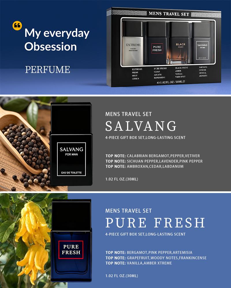 Men's Travel Set - 4-Piece Set Eau De Toilette Spray Gift Box with Long Lasting Fragrance - Perfect for Holidays, Dating, Daily Life & Parties - 1.02 Fl Oz Each Bottle