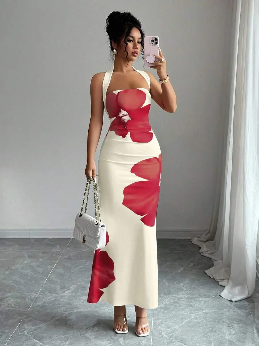 SLAYDIVA Women's Summer Halter Tie Waist Slim Fit Printed Mid-Length Dress