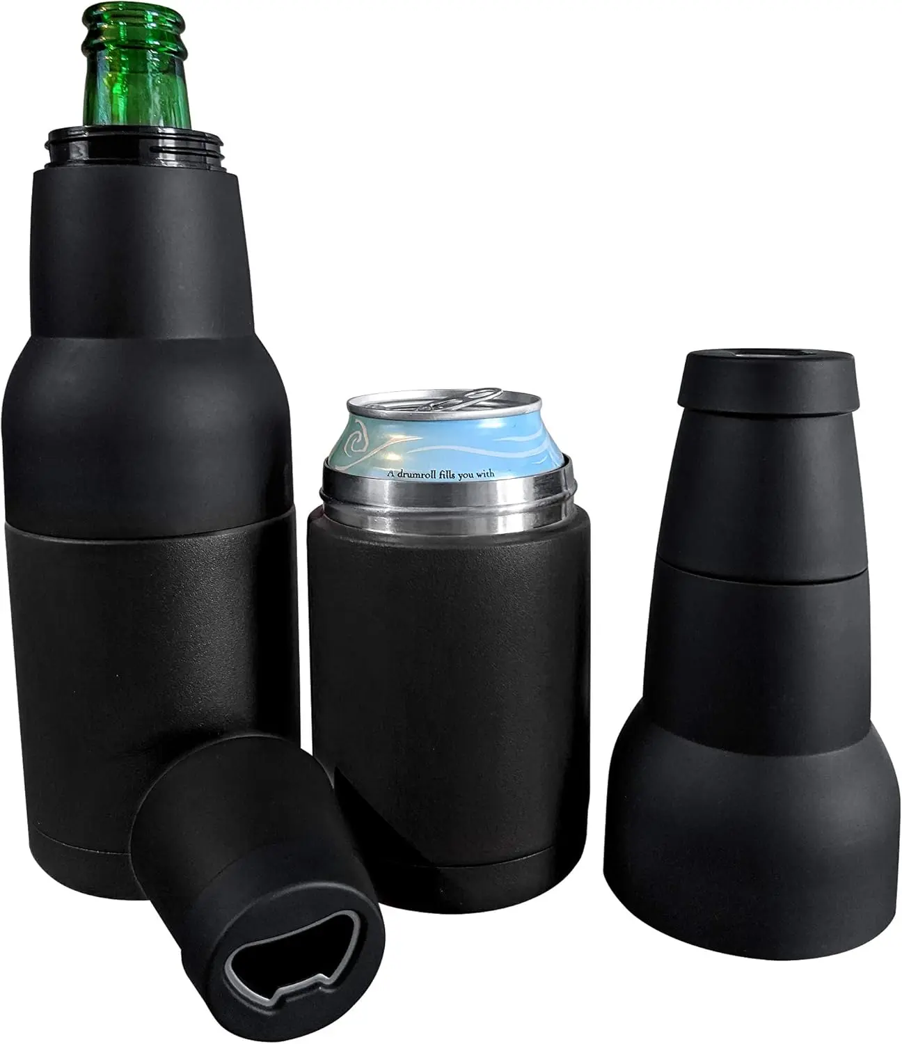 [Summer Essentials] 12oz Universal Beer Bottle Holder Double Walled SS Beer Bottle Cooler 3 in 1 Can Koozie with Beer Opener Vacuum Insulated - fit Fishing,Camping Outdoor Activities and Nice Gift for Men(Black)