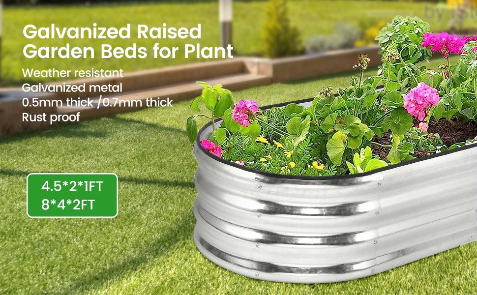 【GARVEE】Galvanized Silver Raised Garden Bed Kit 4.5×2×1ft, 2pcs Oval Metal Planter Boxes for Vegetables, Flowers, and Fruits with Anti-Rust Coating and Rubber Edge Protection, Outdoor Durable Garden Solution