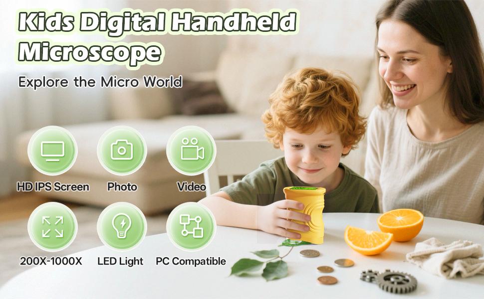 RIVGOT 4K Kids Digital Microscope, 2.0" Screen, 1000X Zoom, Rechargeable Portable Mini HD Microscope for Outdoor Exploration, Science & STEM Education, Ages 3+