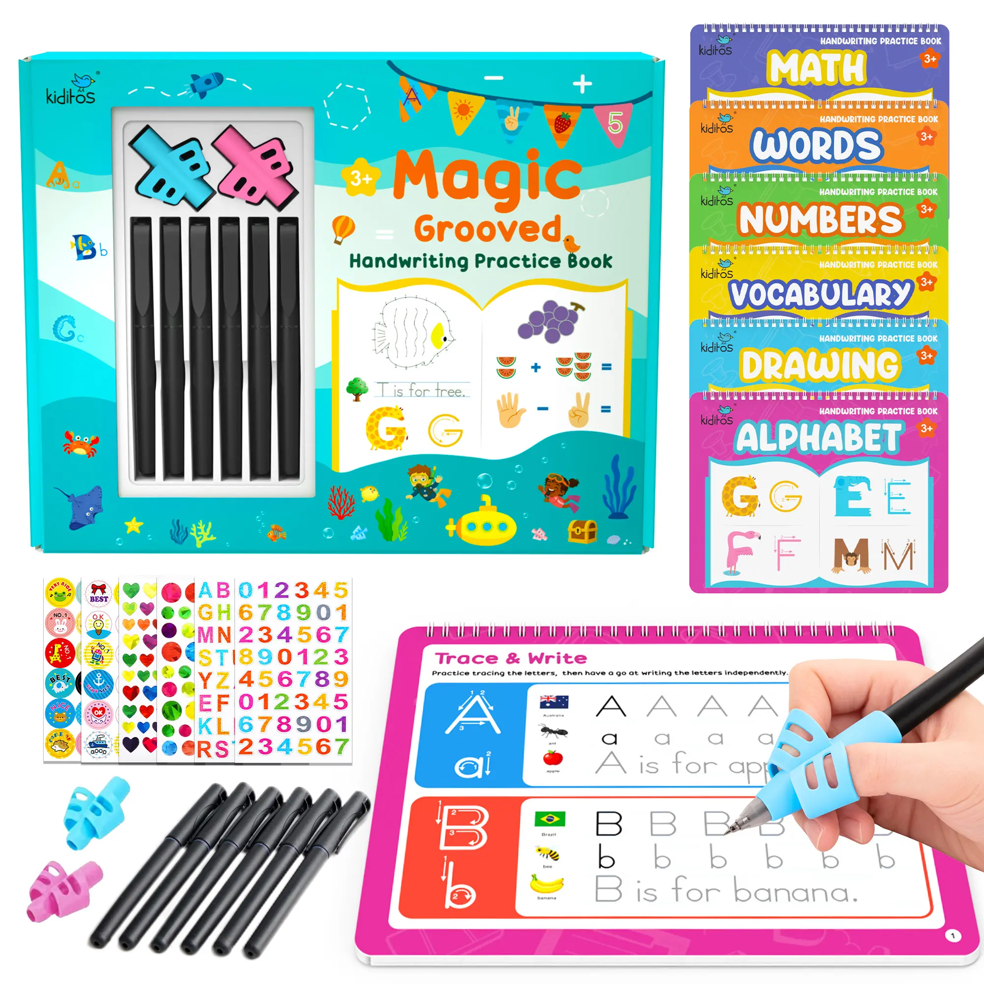 Kiditos Reusable Grooved Handwriting Workbook Set, 6 Magic Ink Tracing Books for Kids, Preschool Learning Toy