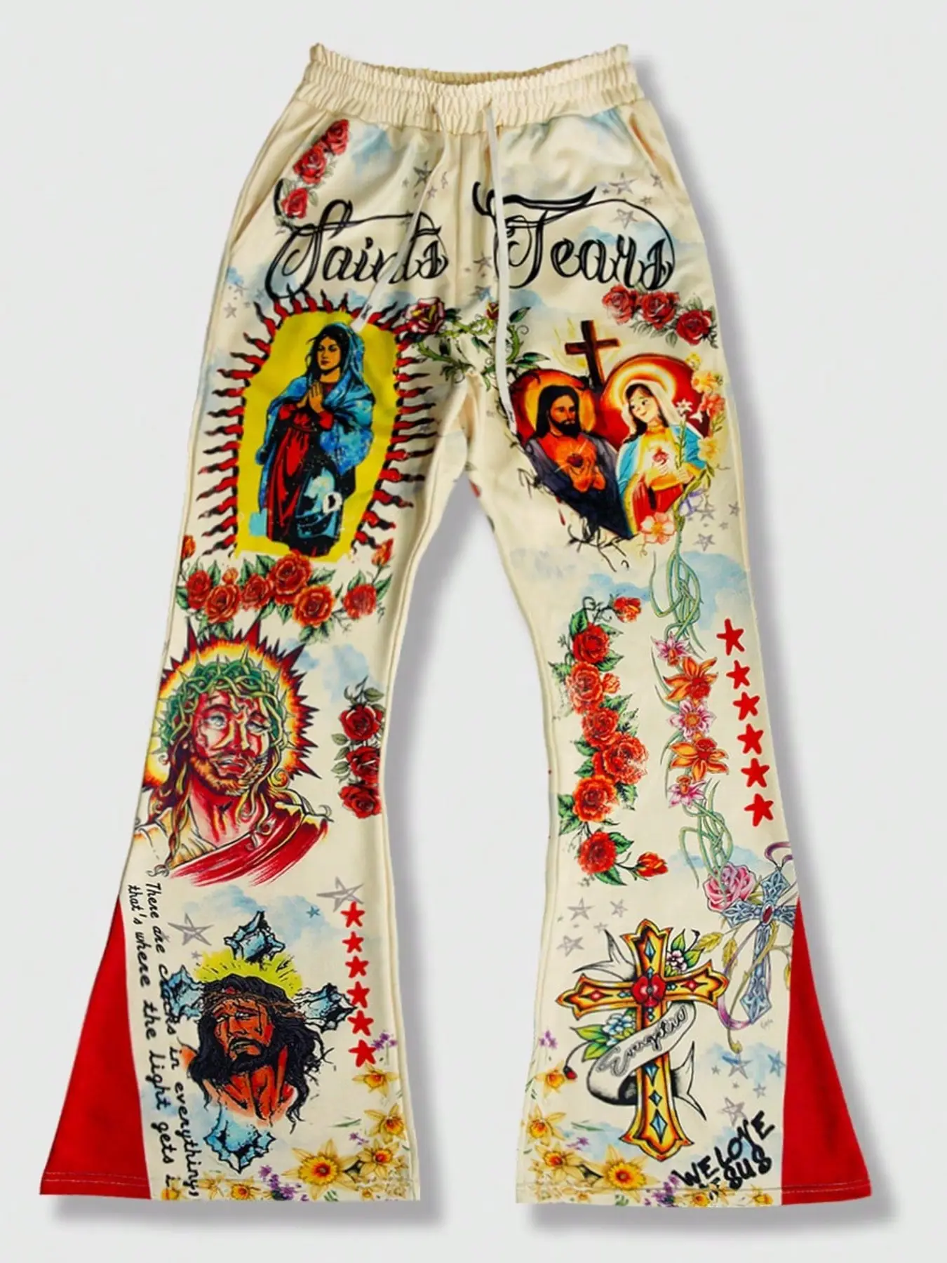 Street Style Vintage Fitted Statement Sweatpants, Saint Tears Religious All Over Print Jesus & Virgin Mary Pattern, Casual Everyday Fashion Unisex Pants Bottoms for Men and Women, Love