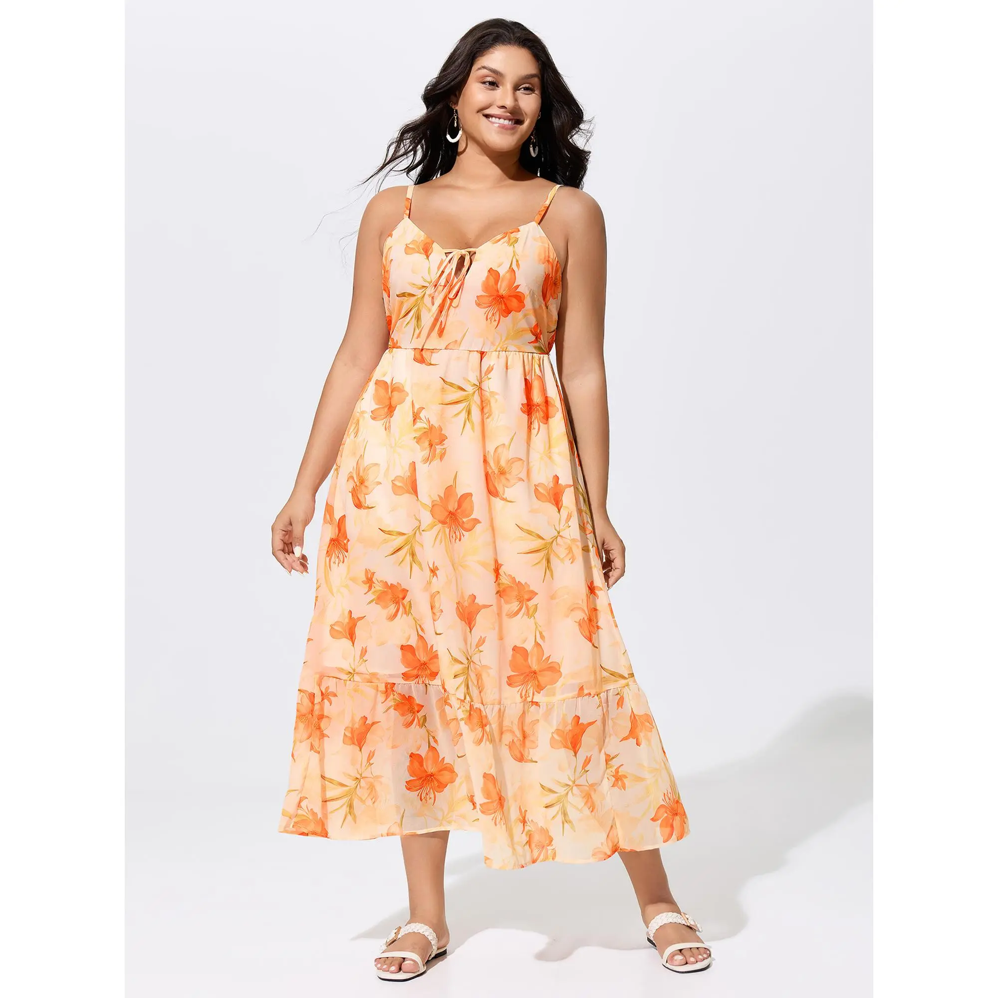 BloomChic Women's Floral Maxi Dress, Plus Size Sleeveless Resort Wear Garment with Tie-Neck, Smocked Bodice and Side Pocket, Low Iron Polyester, Fabric, Curvy Dresses Plus Size, Casual Flowy Maxi Dress