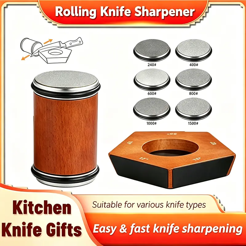 Magnetic Rolling Knife Sharpener Set, New Rolling Knife Sharpener, Diamond Sharp Curve Knife Sharpener, Wooden Handle Sharpening Stone, Diamond Ceramic Knife Sharpening Set  for honing knives sharpening Kitchen Gadgets Steel Kitchenware Angle