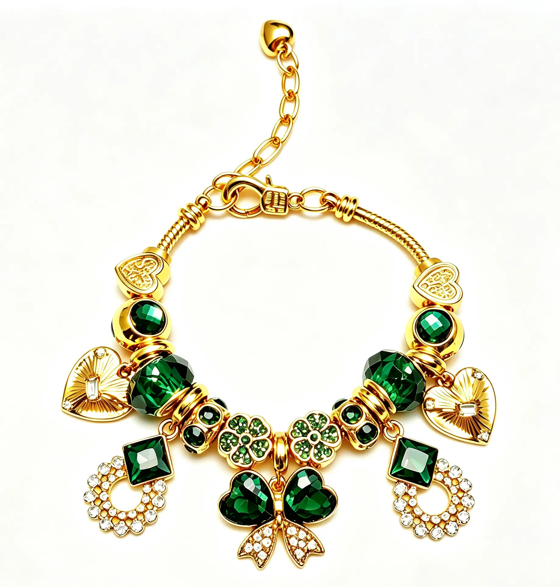 Women's Gold-Plated Charm Bracelet - Emerald Green Crystal 4-Leaf Clover, Heart, Bow Pendant Beaded Bracelet, Elegant Vintage Costume Jewelry Gift for Women