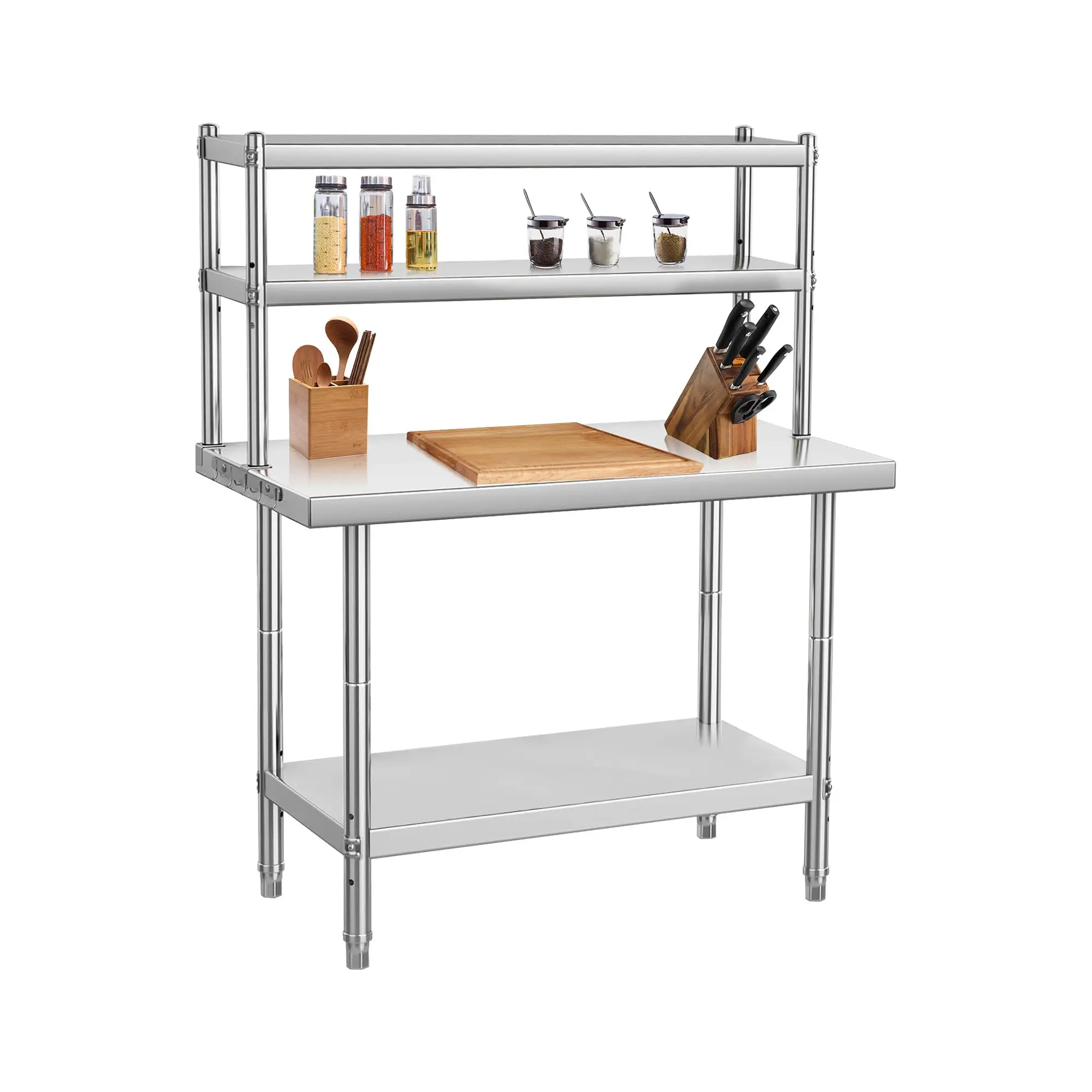 GARVEE Stainless Steel Work Table with Adjustable Shelves, Commercial Kitchen Prep Table, Durable Metal Workbench with Hanging Racks, Ideal for Professional Culinary Environments