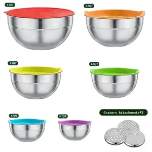 9pcs Stainless Steel Colorful Mixing Bowls Set with Airtight Lids for Kitchen Tableware Nesting Salad Bowls Set with 3 Greater Attachement, Size 4.5, 3.5, 2.1, 1.5, 1.1, 0.7 QT