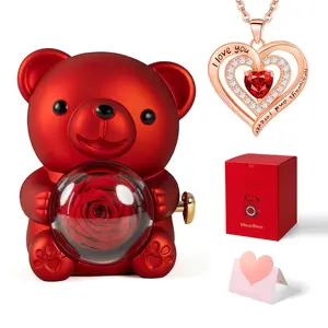 StarMotion Valentine's Gift - Red Real Rose Bear, Heart-Designed Ring & Exquisite Pendant Necklace with Flowers & Rhinestones, Ideal for Mom's Birthday, Wife's Anniversary,  Expressing Love & Eternal Roses