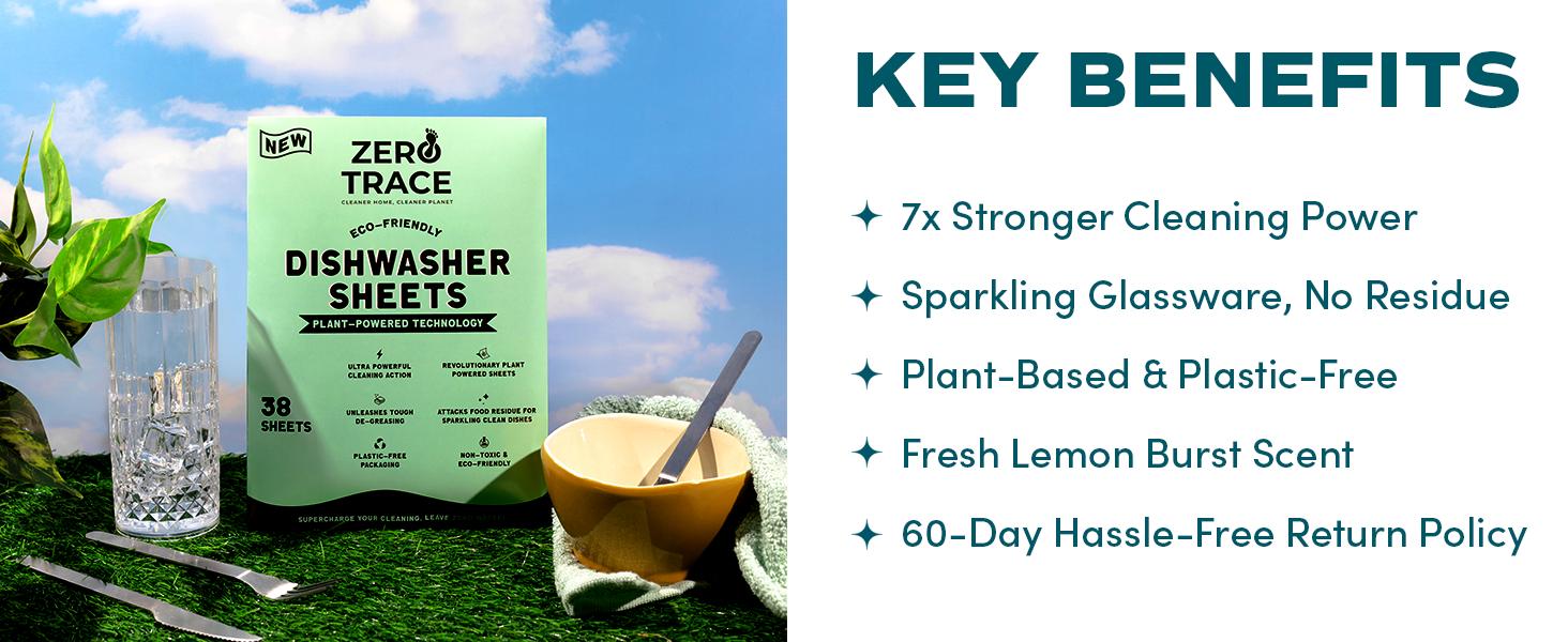 Zero Trace Eco-Friendly Dishwasher Detergent Sheets Unscented - 38 Plant-Based Sheets for Efficient Cleaning & Eco-Friendly Home Care - Ultra Concentrated PROTECH Formula - No Residue, Non-Toxic, Plastic-Free Packaging - Household