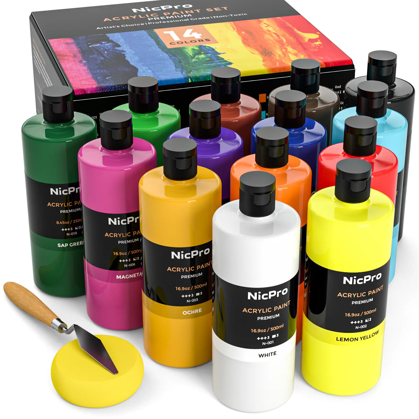 Nicpro Premium 14-Color Large Bulk Acrylic Paint Set (16.9 oz/500 ml) - High Pigment, Consistent Shades, Good Coverage, Kid-Adult Safe, with Color Wheel, Artist Supplies, Art for Kids, Creative Play, Multipurpose for Canvas, Wood