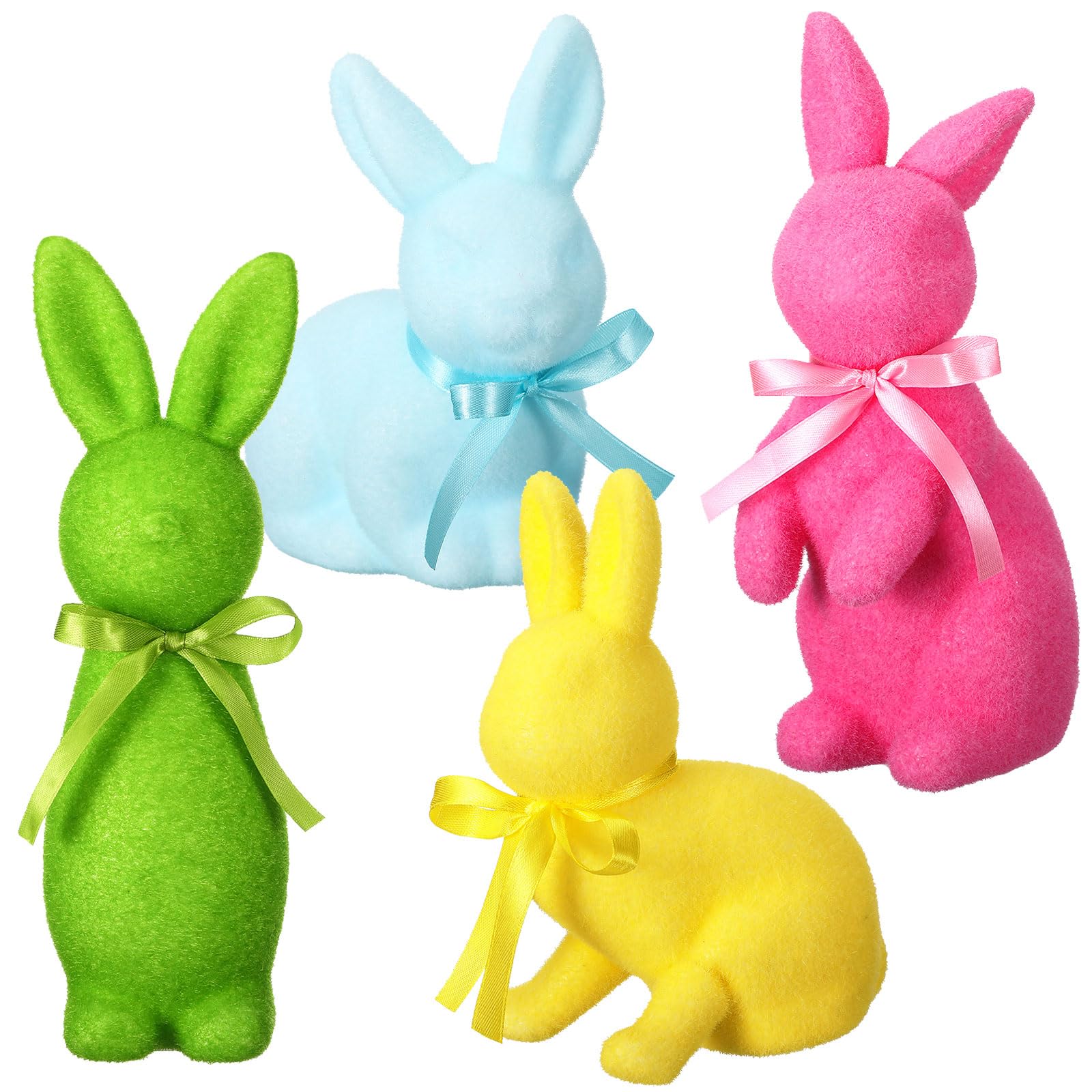 Pastel Flocked Easter Bunny Figurines - 7/6/4 Pcs Cute Velvet Rabbit Statues Set with Bow Ties, Adorable Easter Decor 2026 Bunny in Multiple Sizes & Poses for Tiered Tray Decor Spring Table Centerpiece Shelf Mantel Display Home Party Gifts Basket Stuffers