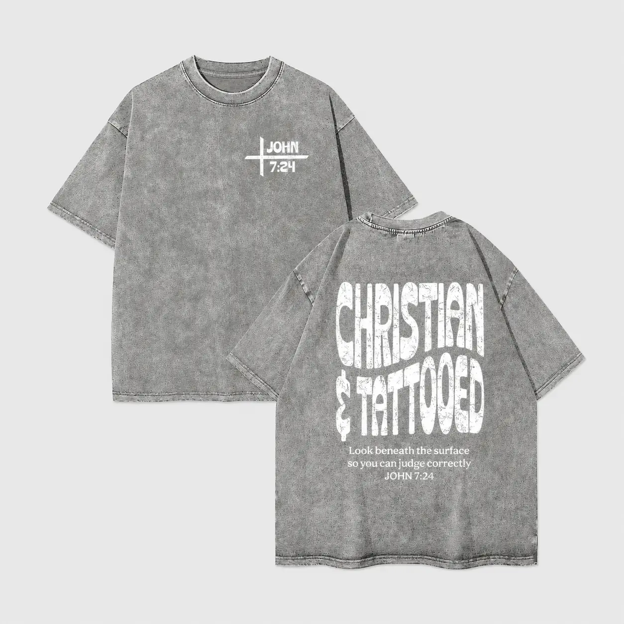 Women's Cotton Short-Sleeve Christian T-Shirt, John 7:24 Bible Verse Print Tee, Comfortable Gray Acid Wash Oversized Top with Front & Back Religious Graphics, Unisex Everyday Faith Streetwear Gift, Shortsleeve