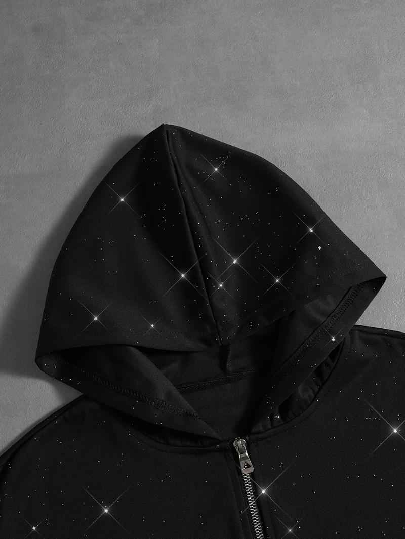 Men's Gypsy star design shiny zipper hooded sweater, soft and skin-friendly fabric, pocket design, street trendy cool style, daily going out on the street, casual commuting adaptation, personalized trend couples versatile wear