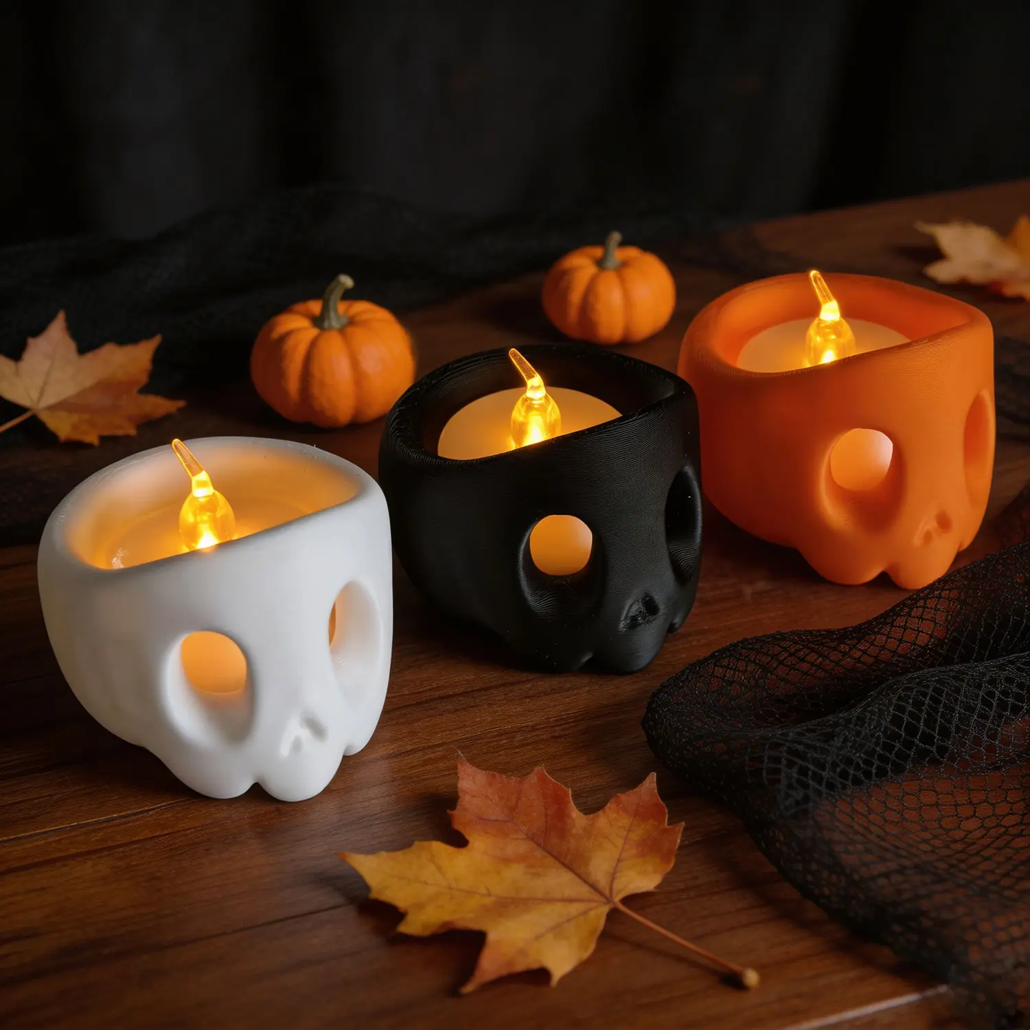 3Pcs/Set Halloween Skull Tealight Holder, 3D‑Printed Spooky Skeleton Candle Cup, Gothic Tabletop Ornament for Home Party Haunted House Decor